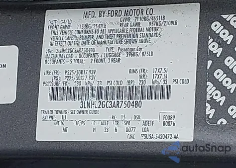 2010 Lincoln Mkz from USA, damaged, VIN 3LNHL2GC3AR750480
